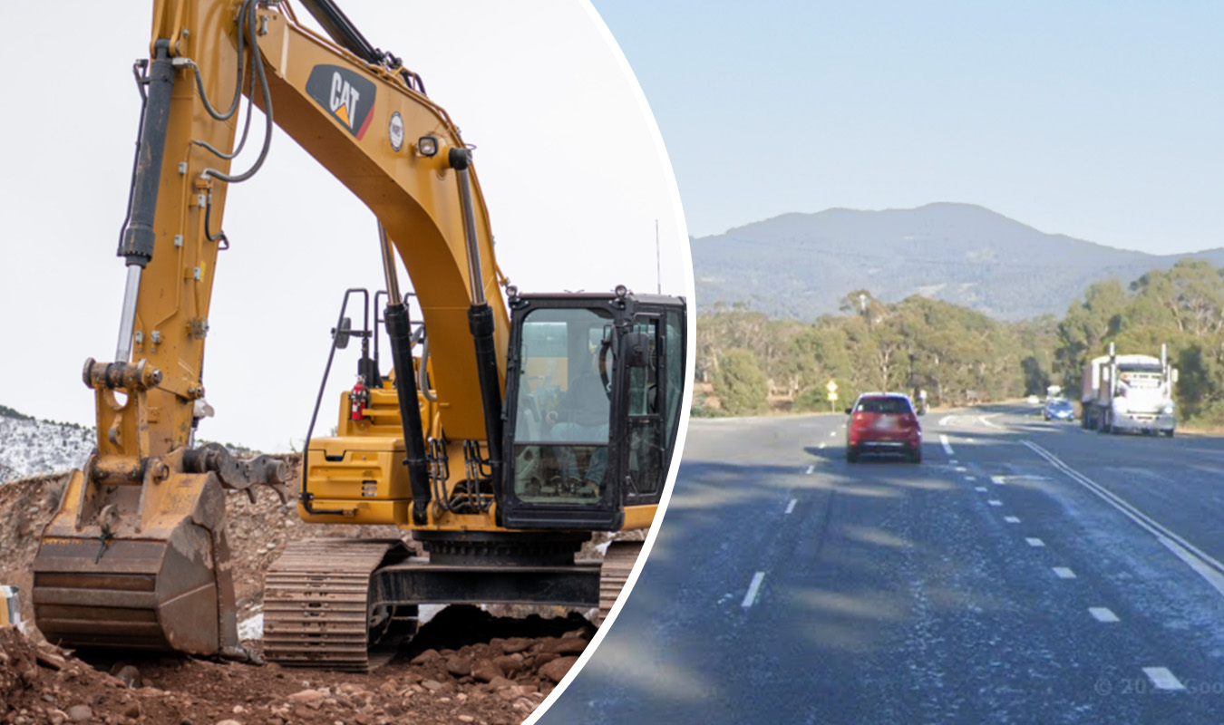 Excavator bucket falls off trailer, hits three cars on Huon Highway